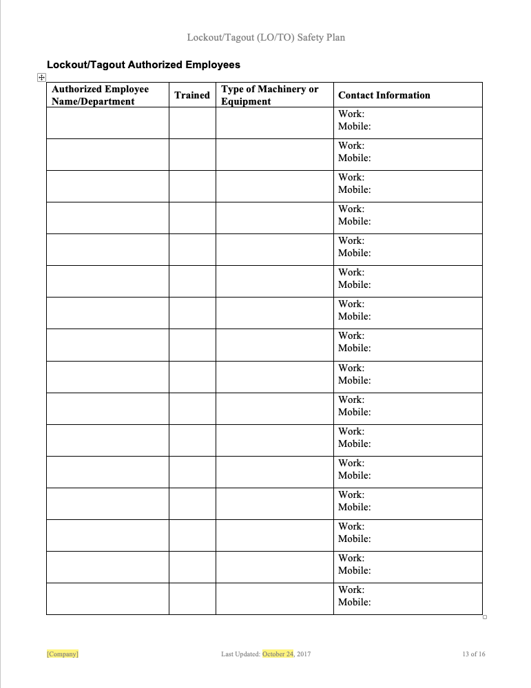Lockout / Tagout Program - Template