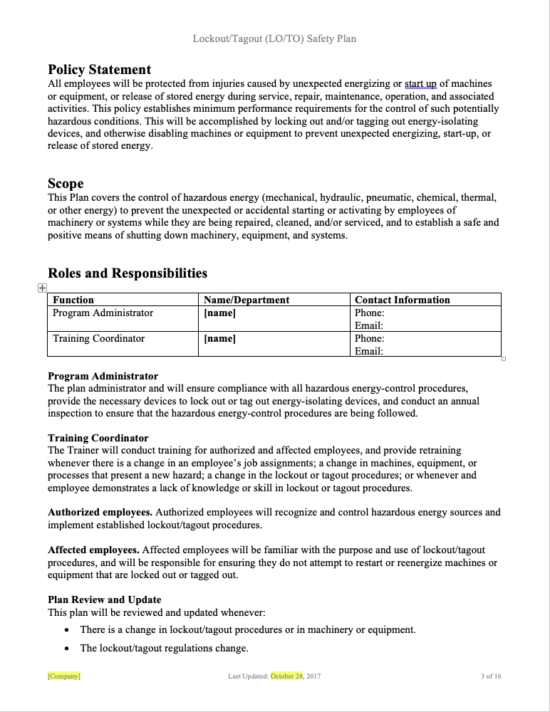 Lockout / Tagout Program - Template