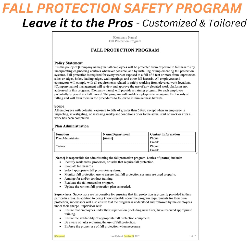 Fall Prevention Program Sample Fall Protection Safety Program