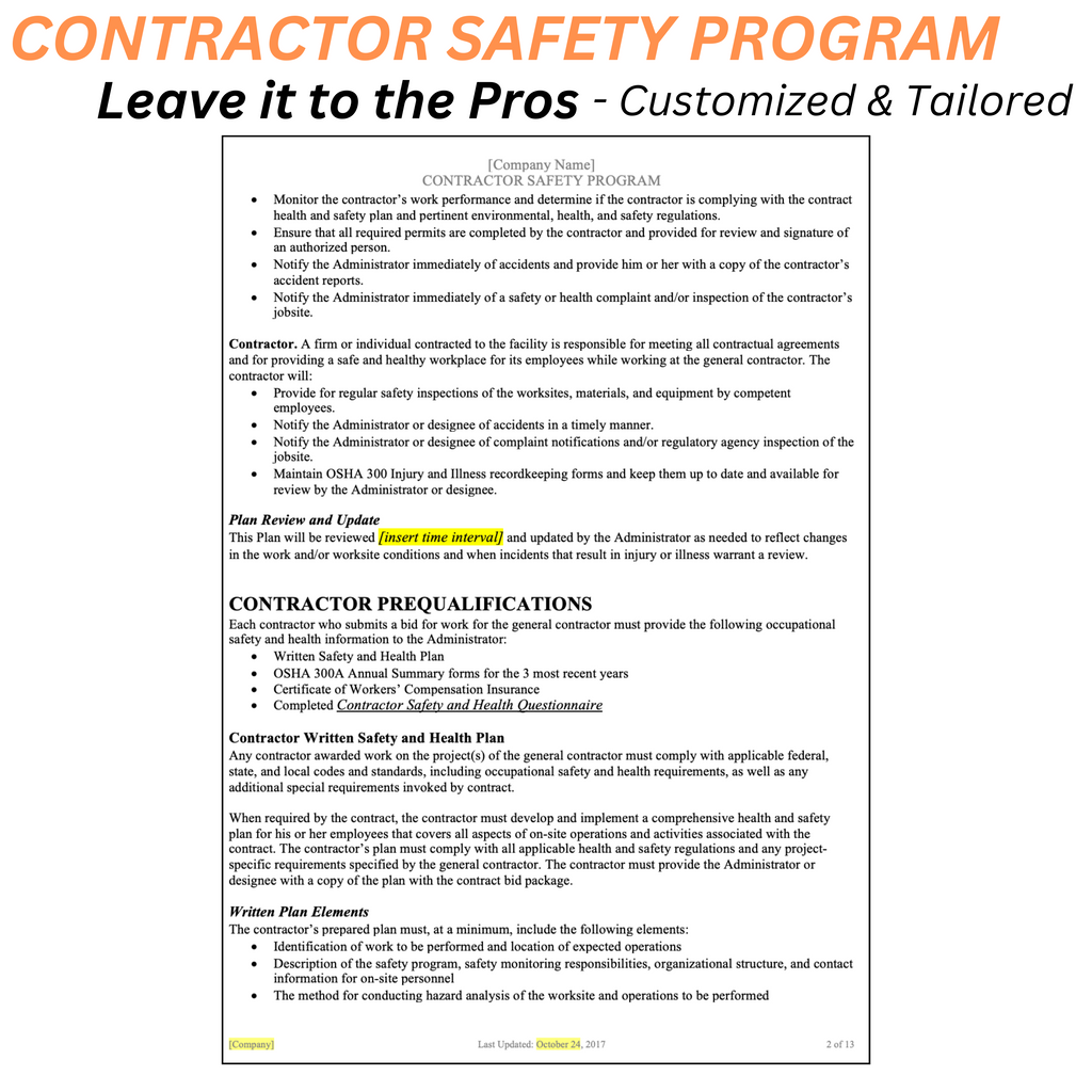 Ehs Program Contractor Sample Program Contractor Safety Program