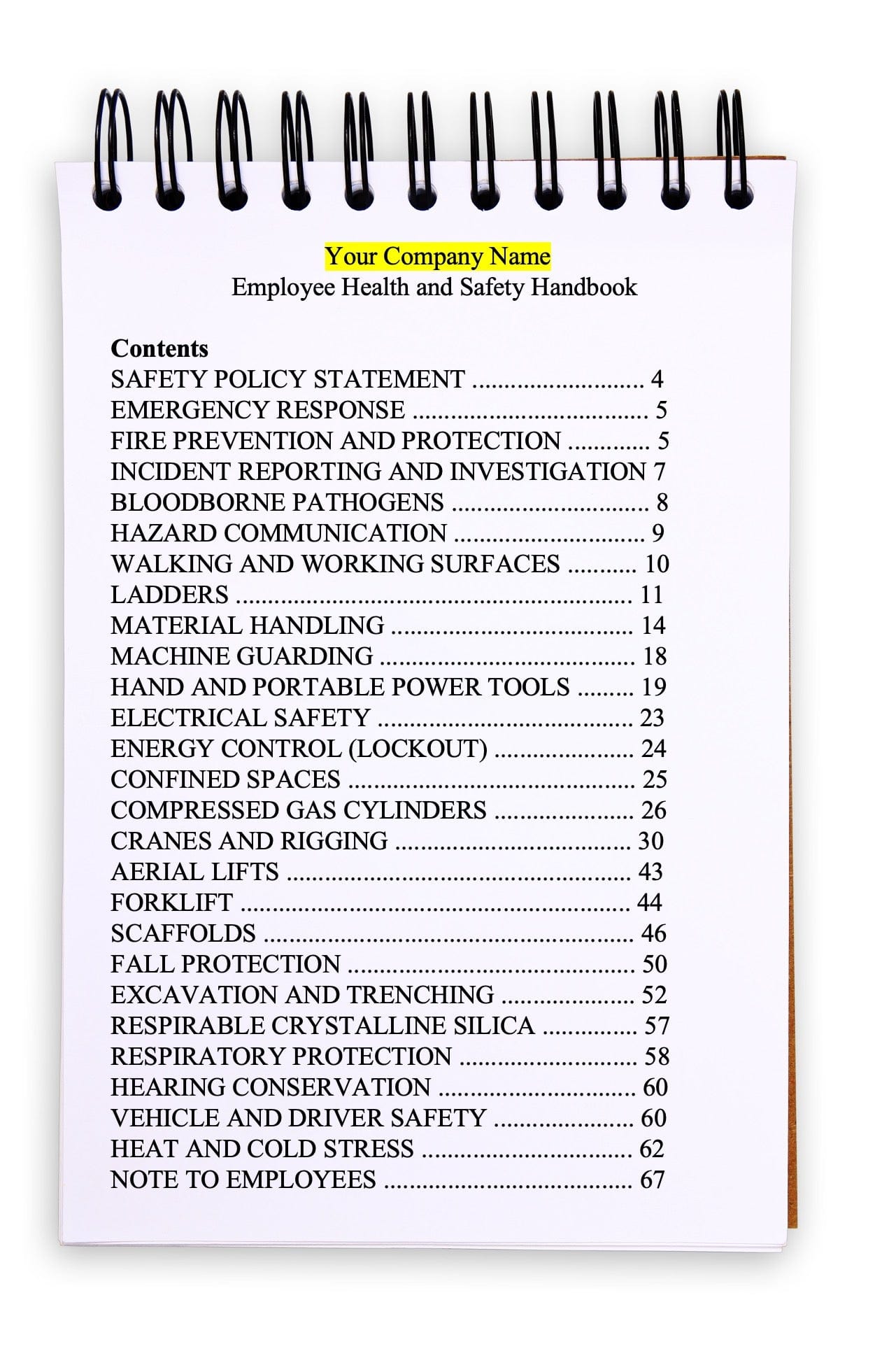 Employee Safety Handbook Table on Contents