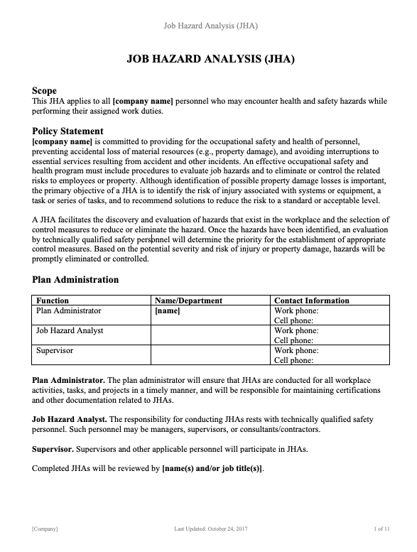 Job Hazard Analysis (JHA) Program